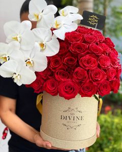 100 Red Roses and Large White Orchid