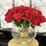 25 Roses In Clear Moon Glass Vase