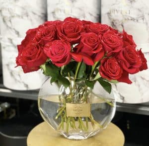 25 Roses In Clear Moon Glass Vase