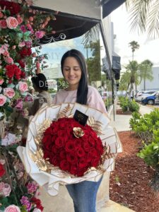 Hand Bouquet of Roses & Gold Leather Leaves - Image 8