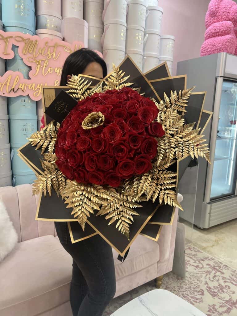 Hand Bouquet of Roses & Gold Leather Leaves - Image 6
