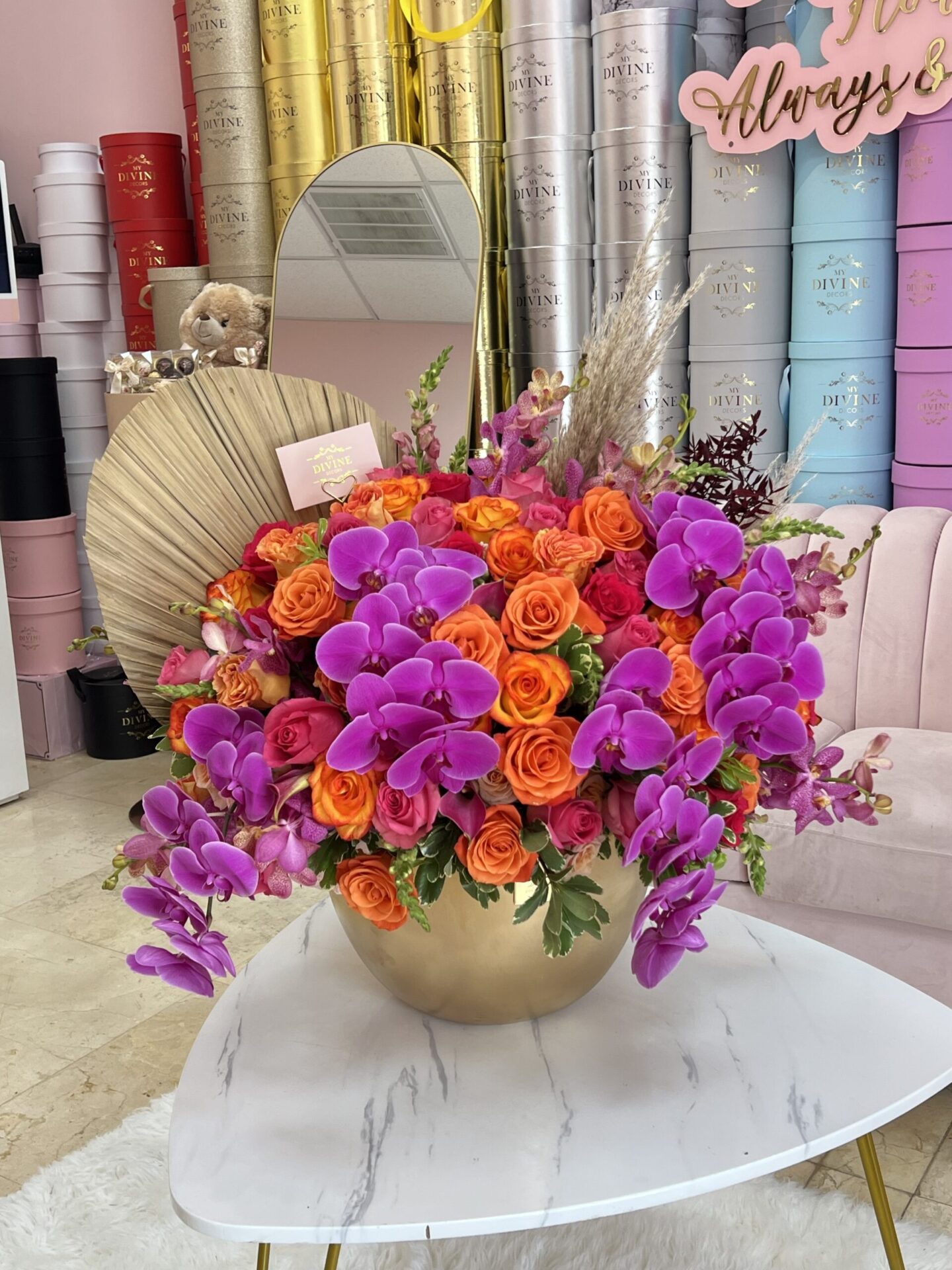 img_9326 Carnival Royal arrangement with vibrant mixed flowers