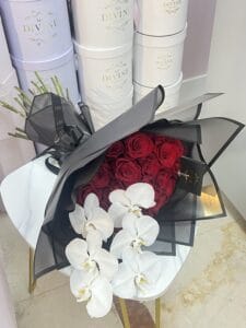 Hand Bouquet of Roses and Large Orchid