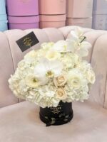 Round box with white flowers and a black bow