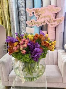 Fresh Cut Flowers In Clear Large Glass Bowl Vase - Image 2