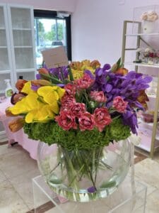 Fresh Cut Flowers In Clear Large Glass Bowl Vase