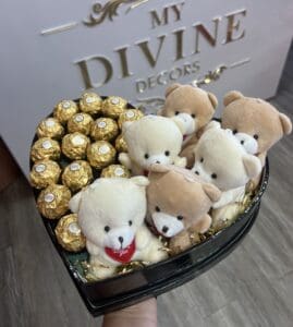 Signature Heart Box With mini teddies & Ferrero Rocher Chocolates