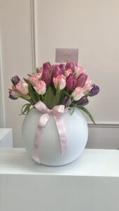 Fresh Tulips in Glass Bowl White Vase - Image 4