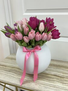 Fresh Tulips in Glass Bowl White Vase
