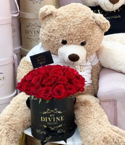 Giant 47″ Teddy Bear with 50 Roses Round Box