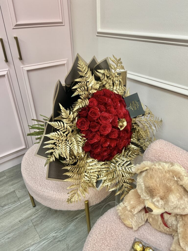 Hand Bouquet of Roses & Gold Leather Leaves - Image 3