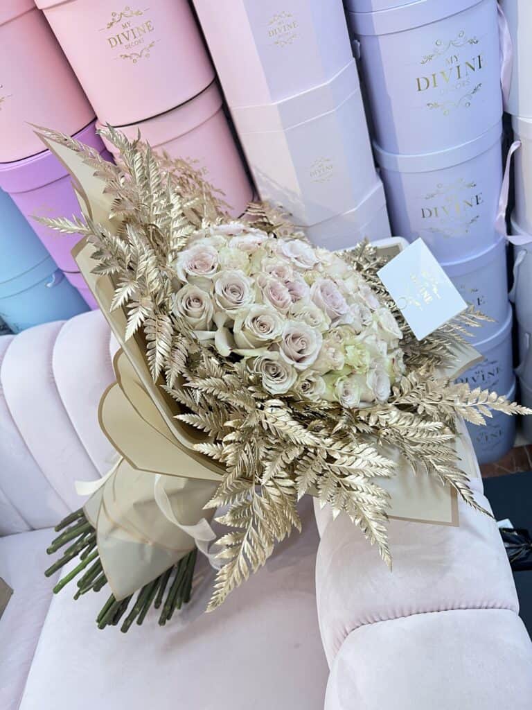 Hand Bouquet of Roses & Gold Leather Leaves - Image 2