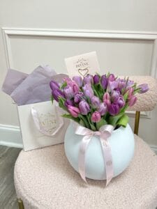 Fresh Tulips in Glass Bowl White Vase - Image 3
