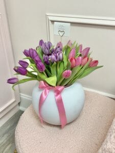 Fresh Tulips in Glass Bowl White Vase - Image 2
