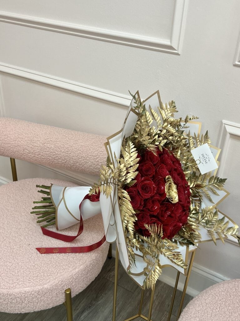 Hand Bouquet of Roses & Gold Leather Leaves