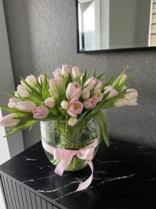 Serene Tulips in Clear Glass Vase - Image 2