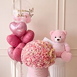 The Ultimate bundle: 150 light pink roses with gold butterflies in a pink My Divine Decors box, pink teddy bear and heart balloons