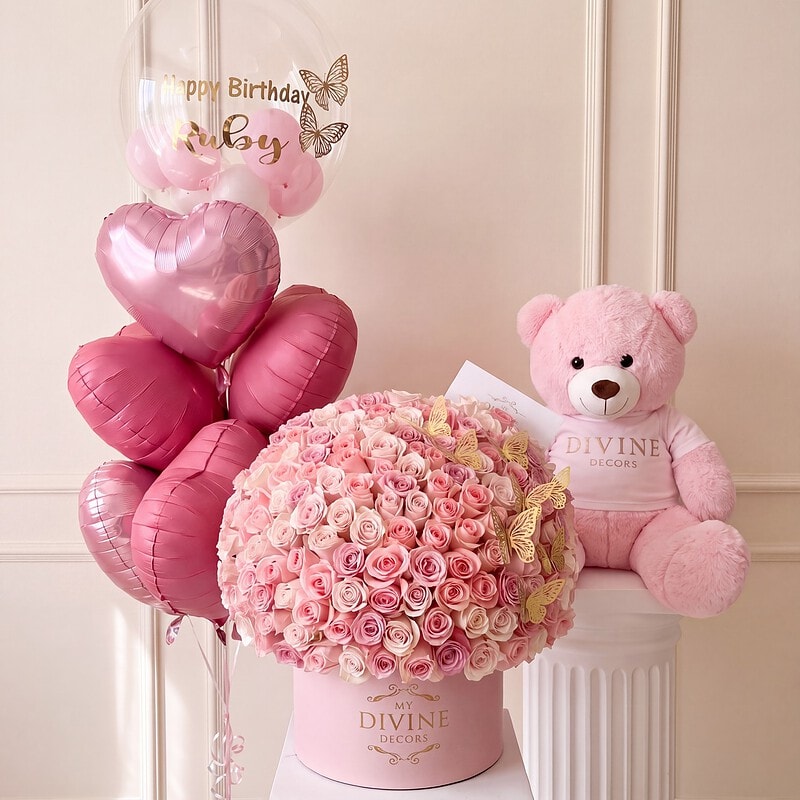 The Ultimate bundle: 150 light pink roses with gold butterflies in a pink My Divine Decors box, pink teddy bear and heart balloons