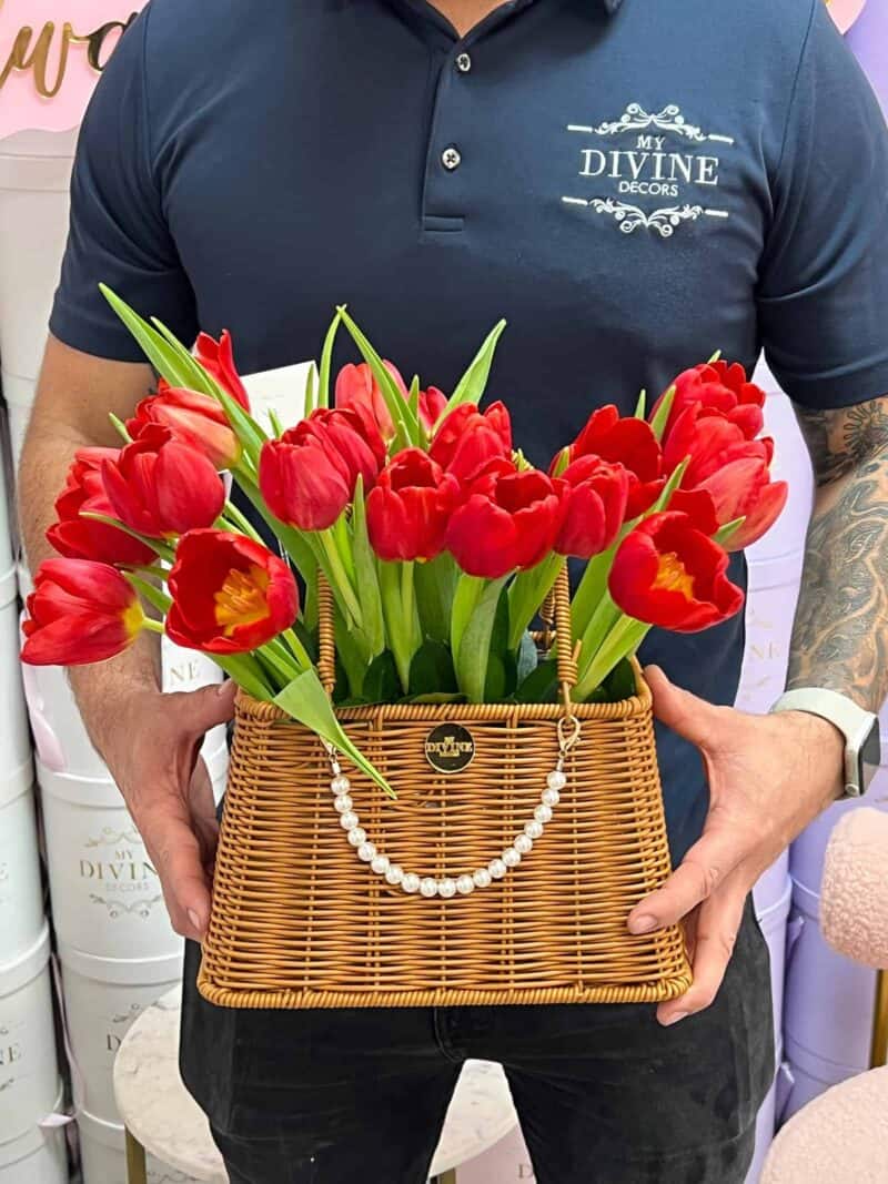 Fresh tulips in basket