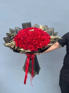 Hand Bouquet of Roses & Gold Leather Leaves