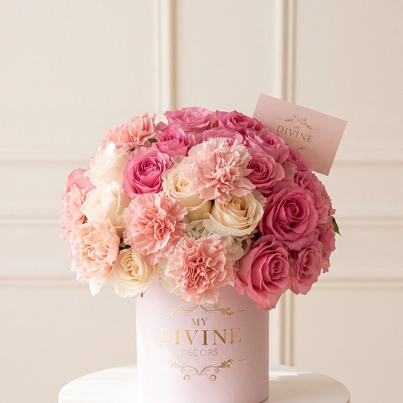 Marianne medium hat box with hot pink and cream roses and pink carnations
