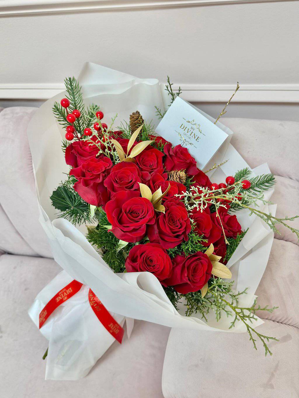 holiday-red-rose-bouquet-1 Holiday Red Rose Bouquet - Image 1