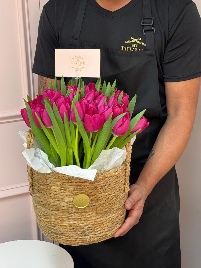 The Pink Garden Tulip Basket | Miami Florist