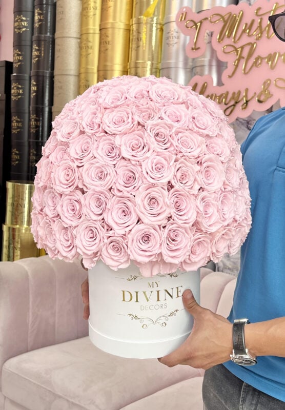 luxury preserved roses in a round box from a Miami florist