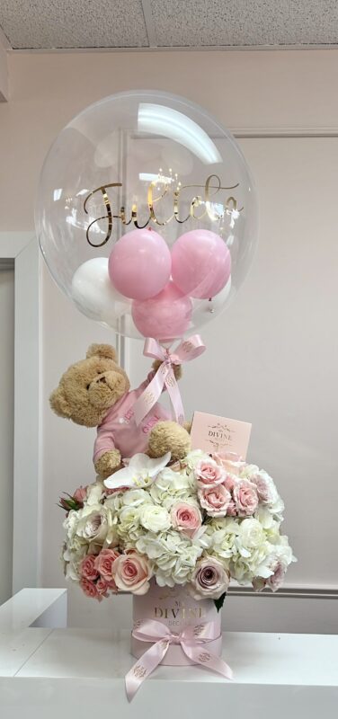 new baby gift flower box with teddy bear delivered in Miami
