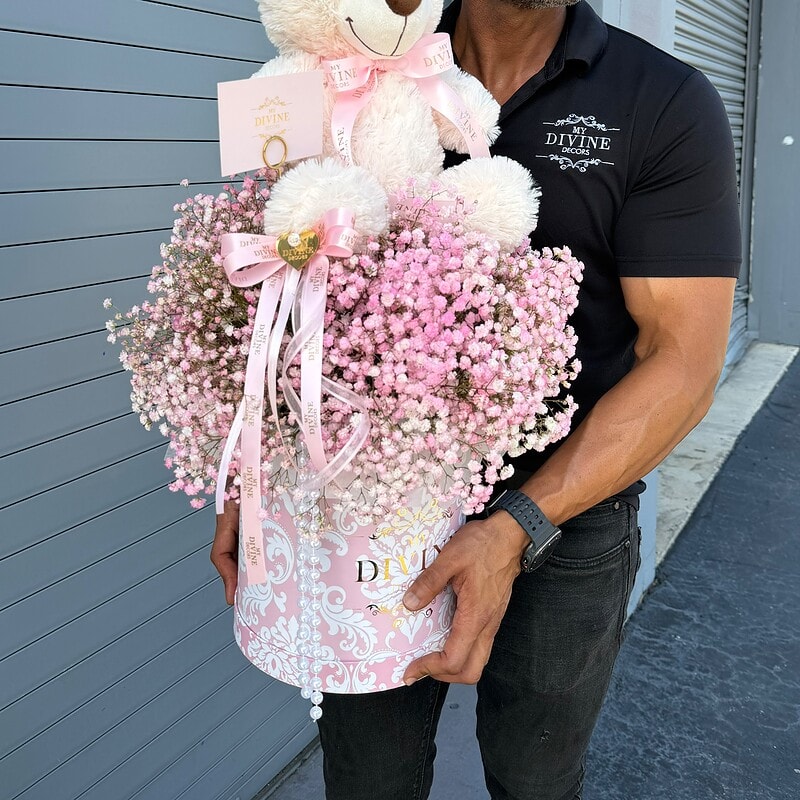 Teddy Bear & Pink Baby’s Breath Signature Box