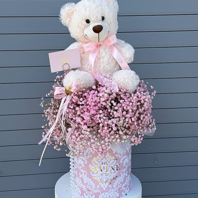 Teddy Bear & Pink Baby’s Breath Signature Box