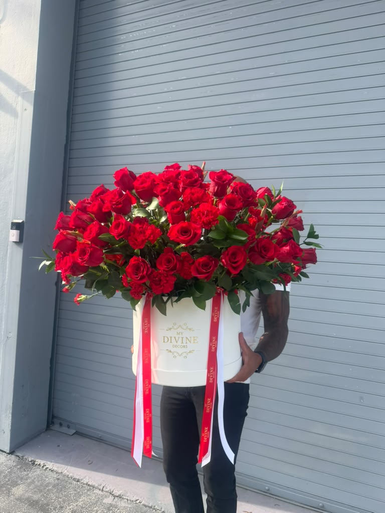 100 Reasons to Love You Grand Box Oversized white box filled with about 100 red roses and greenery