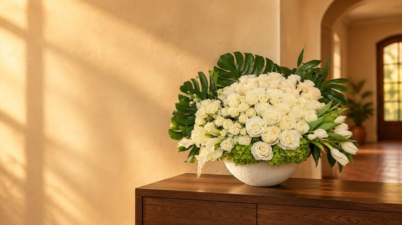 Armonía de flores blancas en jarrón, con rosas, calas y hojas de monstera, sobre un aparador de nogal en una casa de Coral Gables