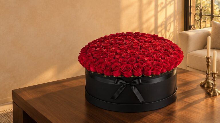 Caja negra extragrande Nashalie XL de rosas rojas sobre una mesa de nogal en Coral Gables al atardecer