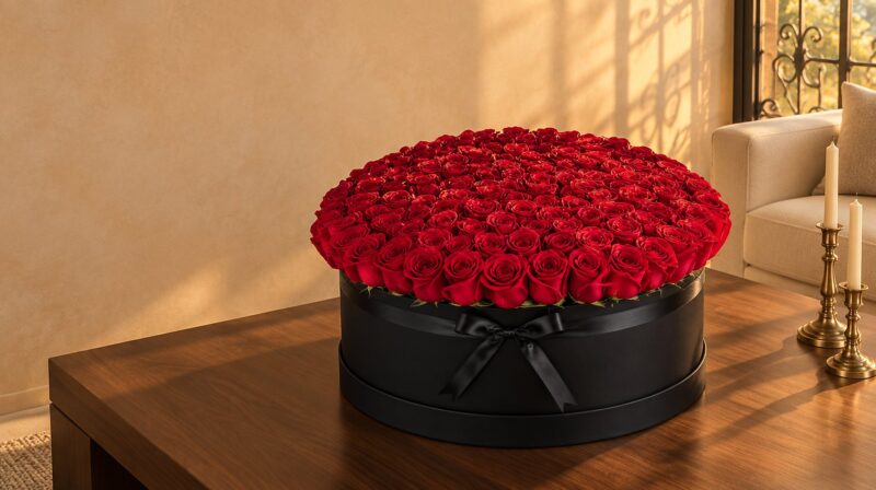Caja negra extragrande Nashalie XL de rosas rojas sobre una mesa de nogal en Coral Gables al atardecer
