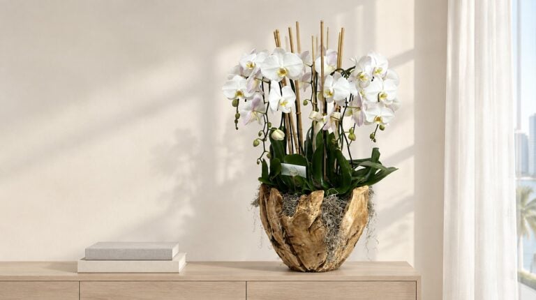 Swan white orchids in an extra-large bronze vase on a long oak console in a Miami penthouse foyer