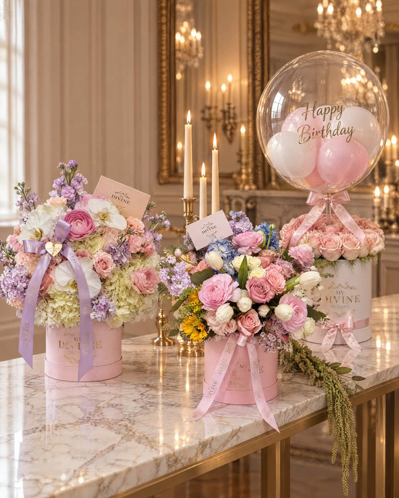 Hanna, Soft Petals and Happy Birthday balloon flower boxes by My Divine Decors on a marble console in a candlelit salon