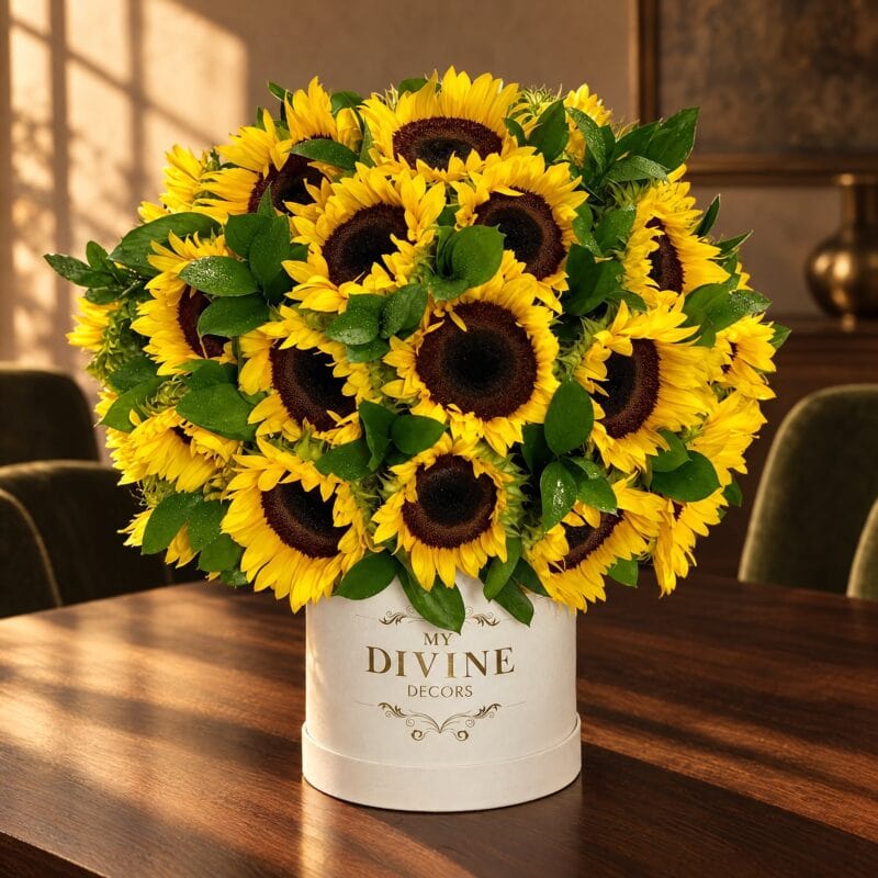 Caja de Girasoles de My Divine Decors sobre mesa de nogal con luz de atardecer