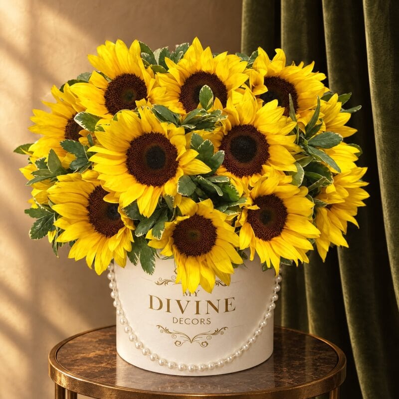 Caja Sombrero de Girasoles Sunshine con perlas junto a cortinas de terciopelo oliva
