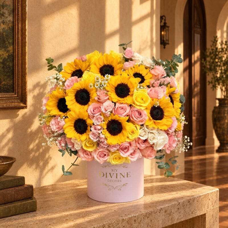 Caja Sombrero Jardin de Girasoles con rosas rosadas en un pasillo de Coral Gables