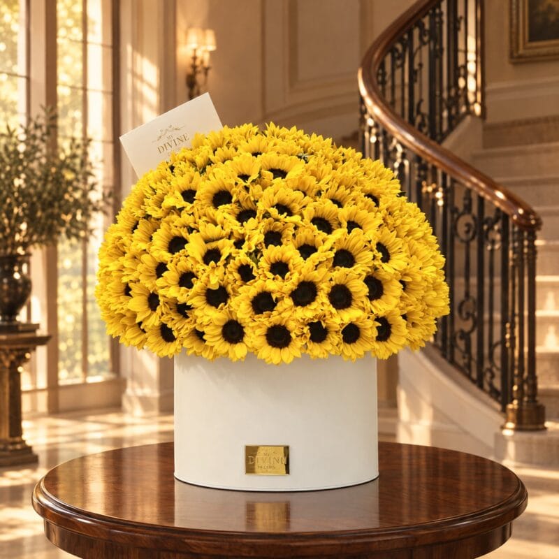 Caja Sombrero Premium Girasoles en una mesa de nogal en el vestibulo