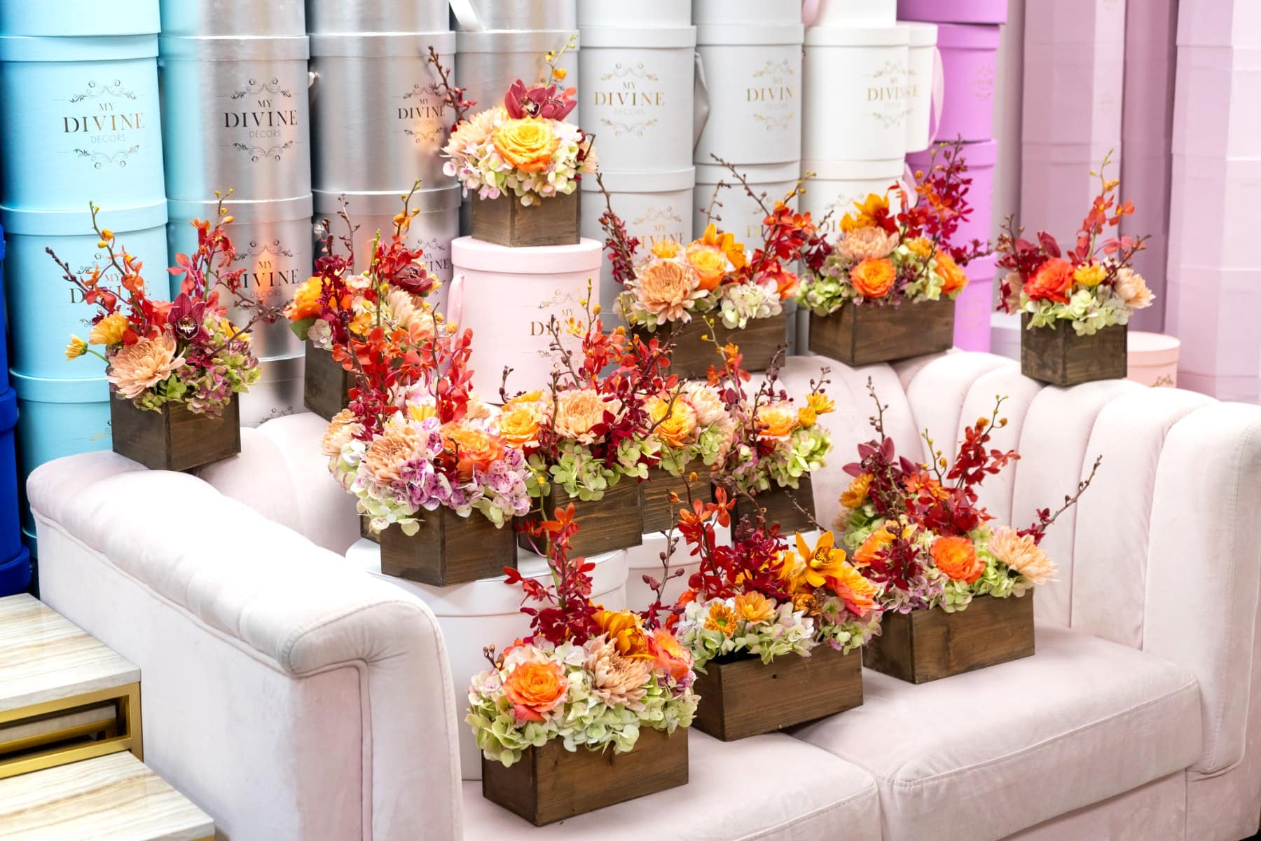 Lote de centros de mesa de otoño de My Divine Decors en cajas de madera, pedido de empresa para Thanksgiving en Miami