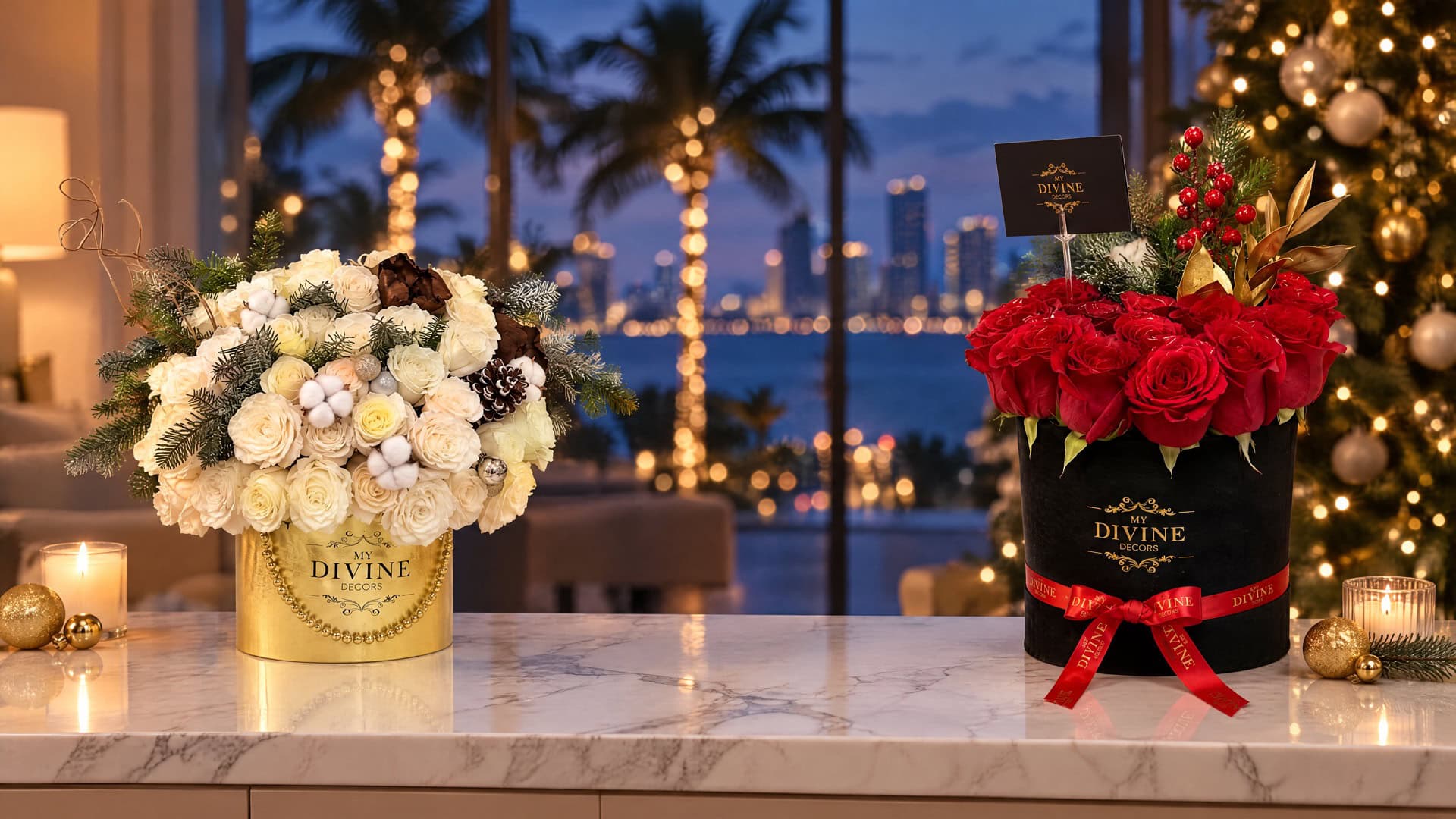 Christmas hat boxes of red and white roses with pine by My Divine Decors in a Miami living room facing the bay