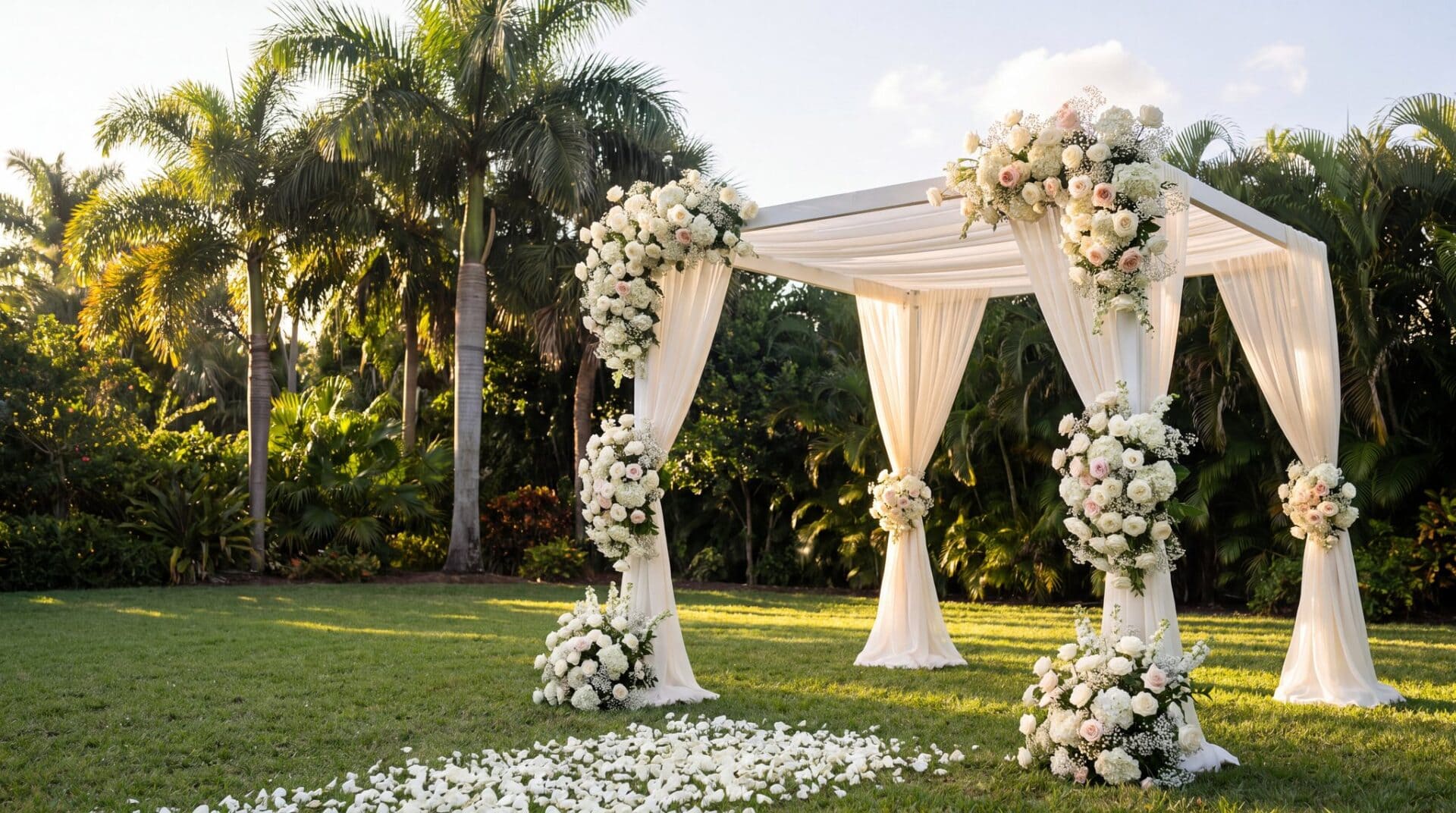 Chuppah dressed in white roses, hydrangeas and babyโs breath in a Miami garden at golden hour