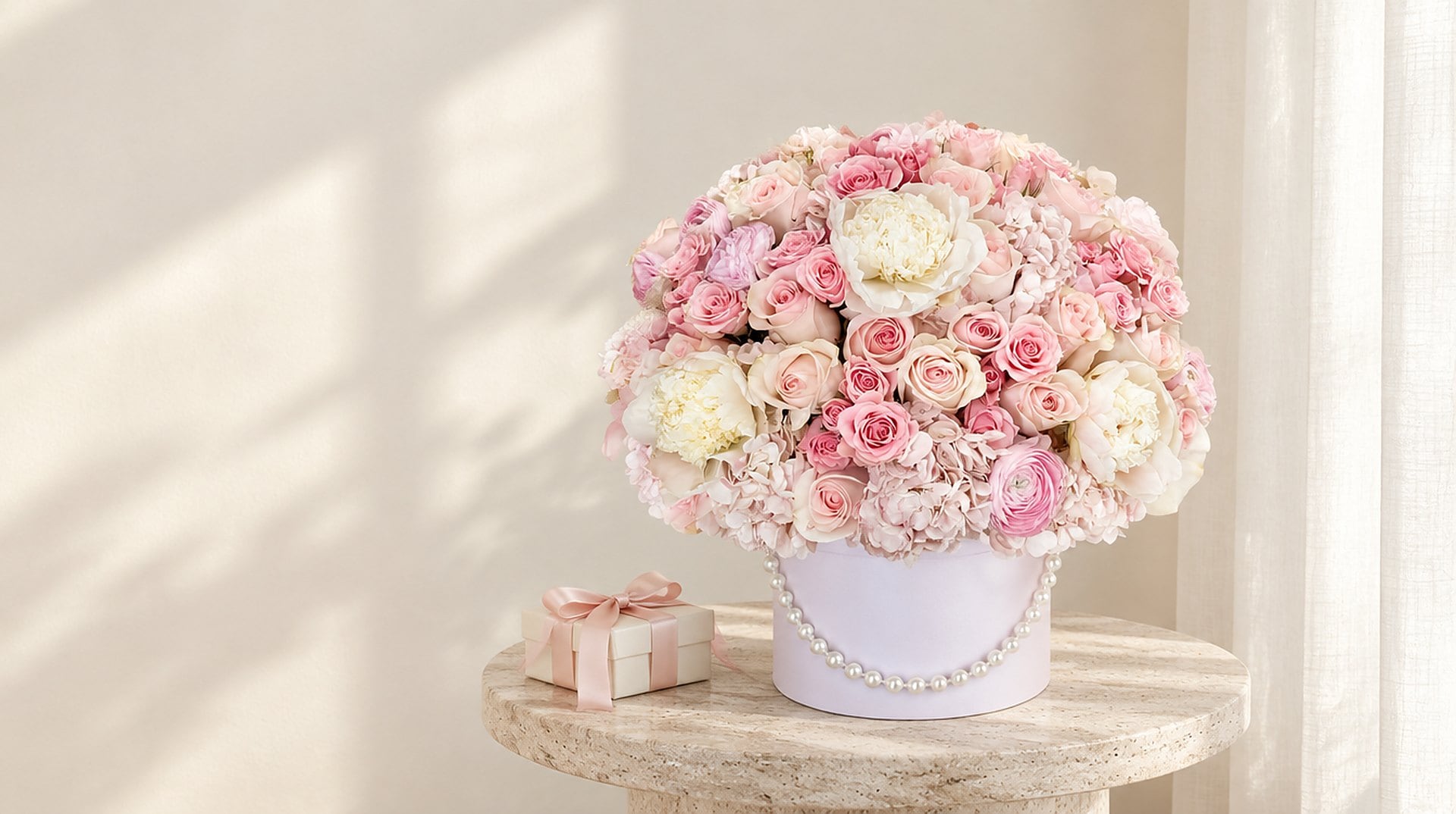 Deluxe Pink Bloom hat box of pink roses, ranunculus and hydrangea with pearls on a travertine table in Miami
