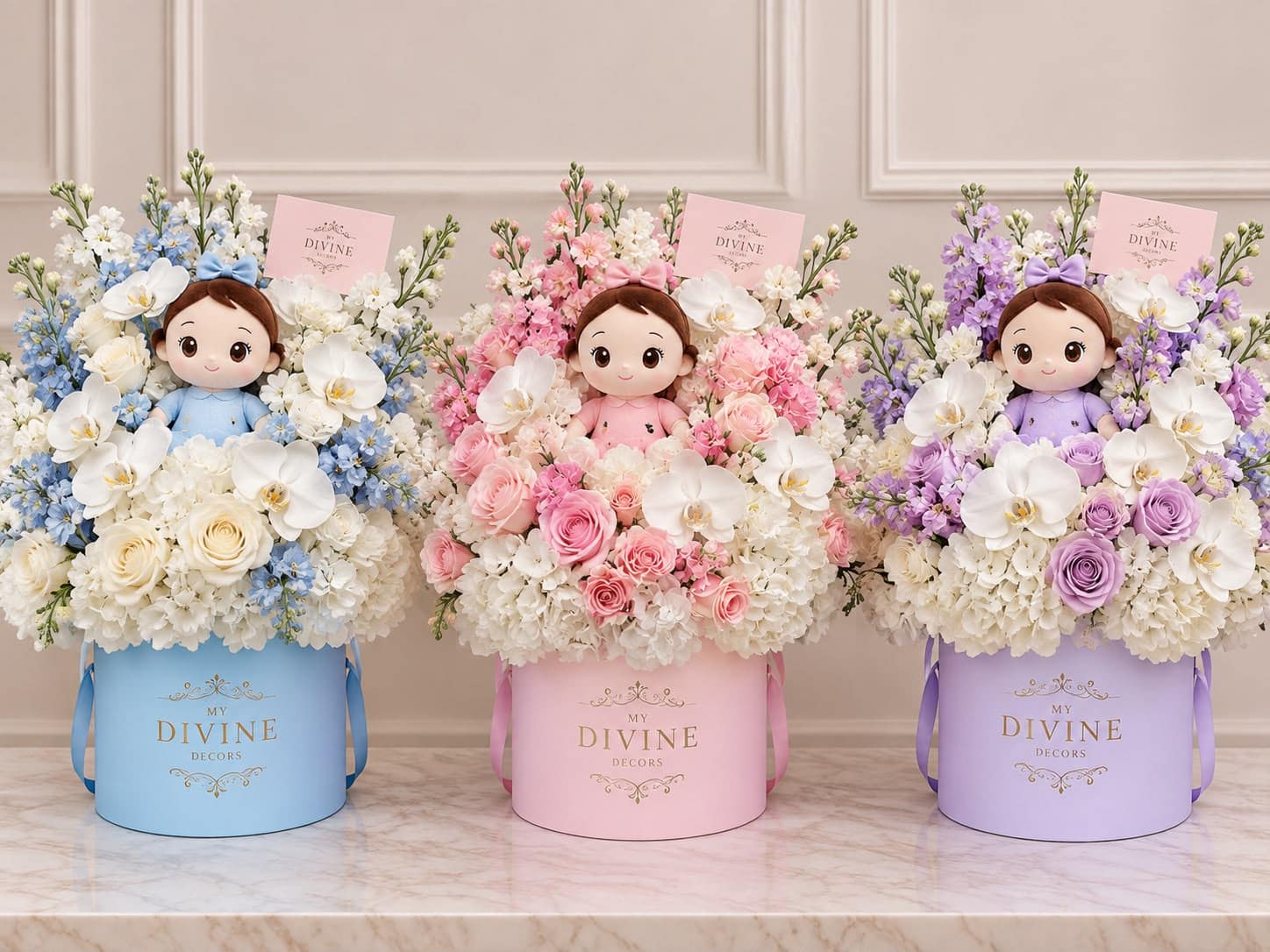 Floral Hat Box with Plush Doll color options Floral hat box with plush doll in blue, pink and lavender