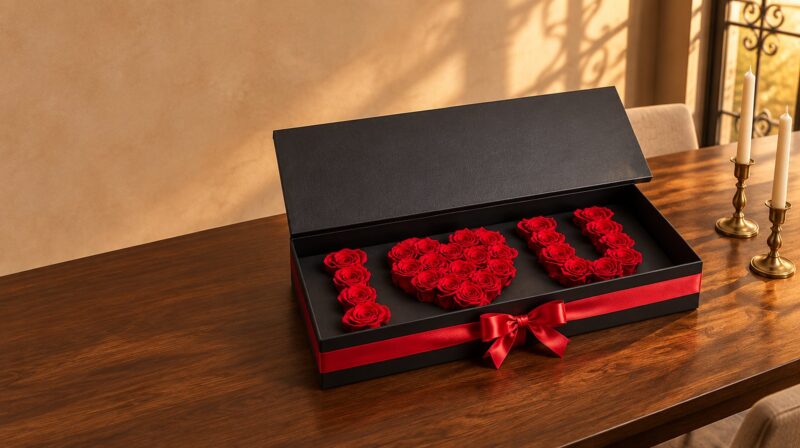 Caja de rosas preservadas rojas en forma de I, corazón y U sobre una mesa de nogal en Coral Gables
