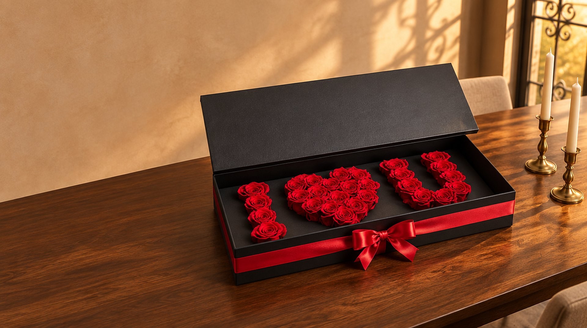 Caja de rosas preservadas rojas en forma de I, corazón y U sobre una mesa de nogal en Coral Gables