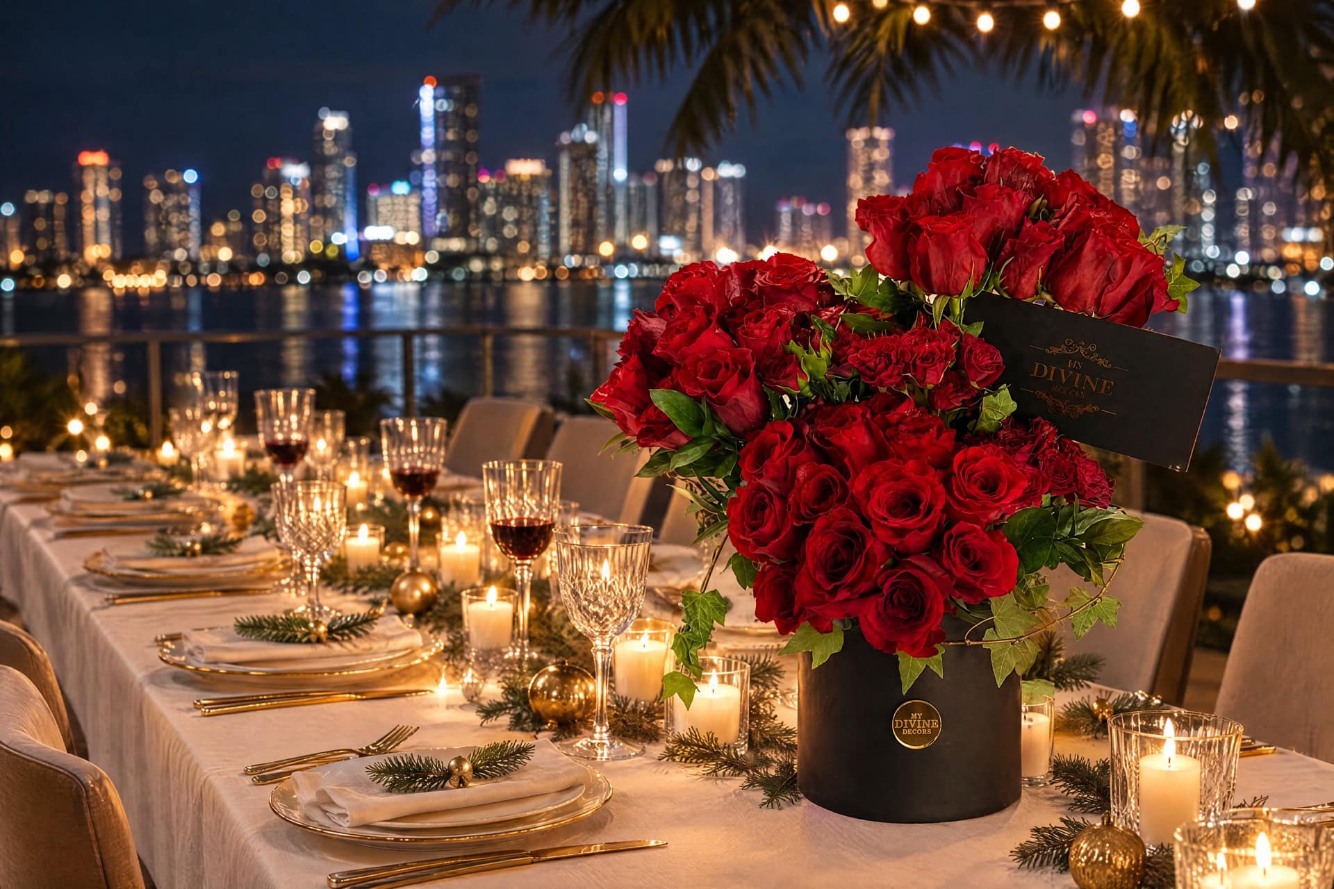Rosas rojas de My Divine Decors en la mesa de Nochebuena en una terraza frente a la bahia de Miami