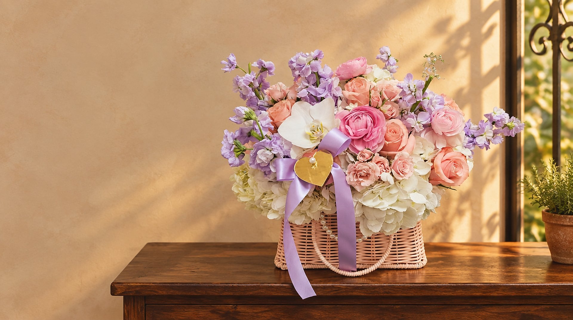Canasta Hanna con alelí lila, rosas, hortensias y orquídeas sobre una consola de nogal en Coral Gables